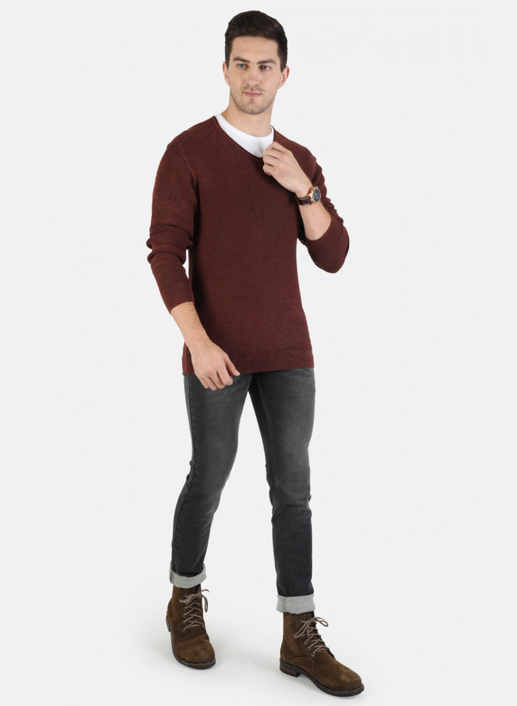Men Orange Self Pullover