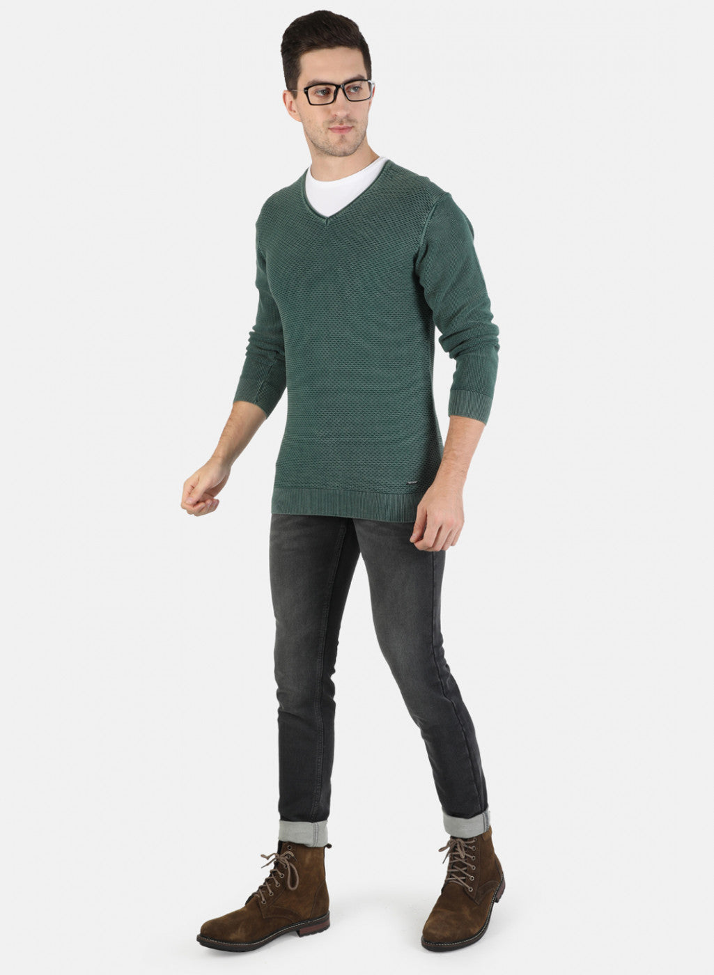 Men Green Self Pullover