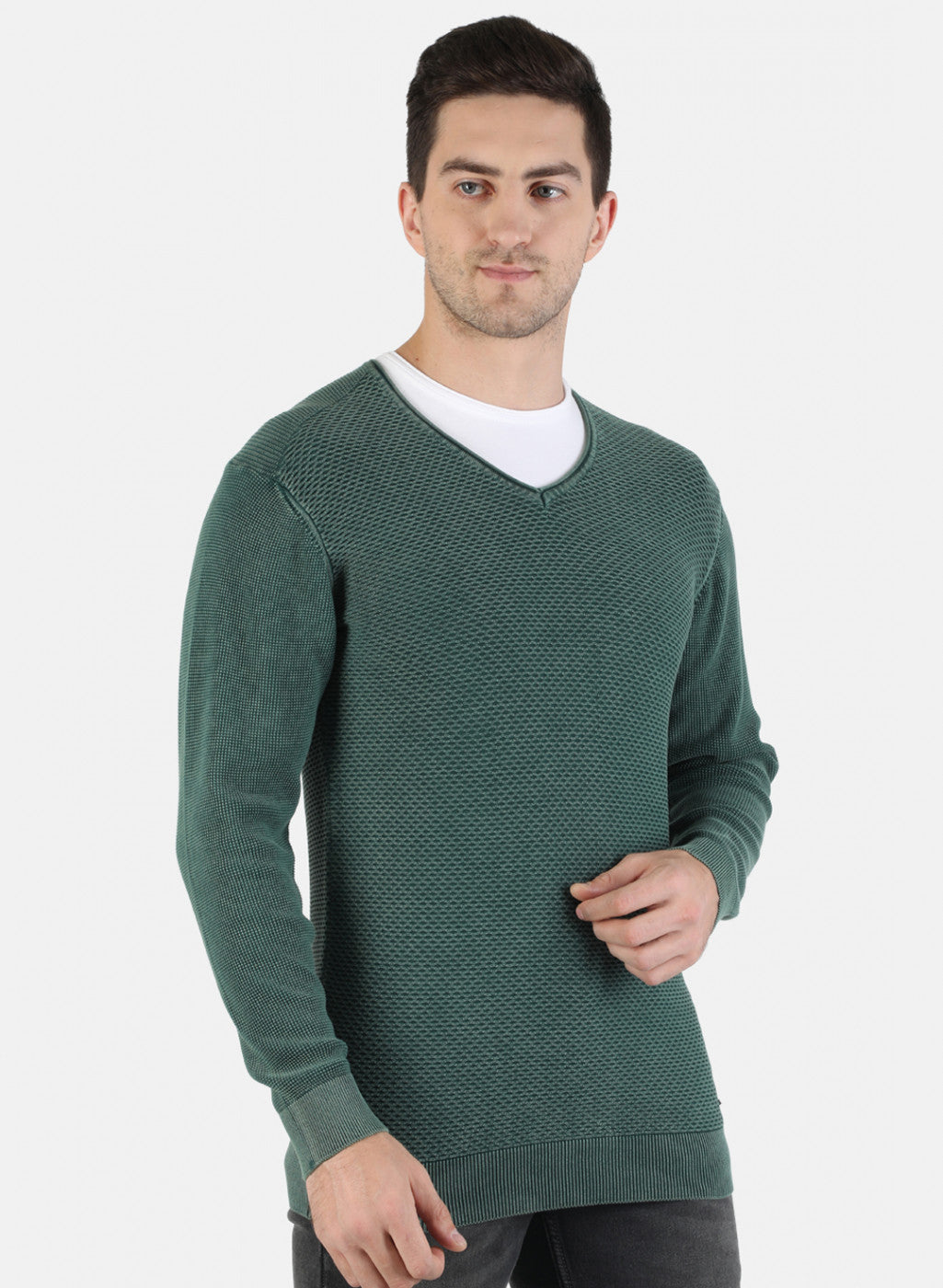 Men Green Self Pullover