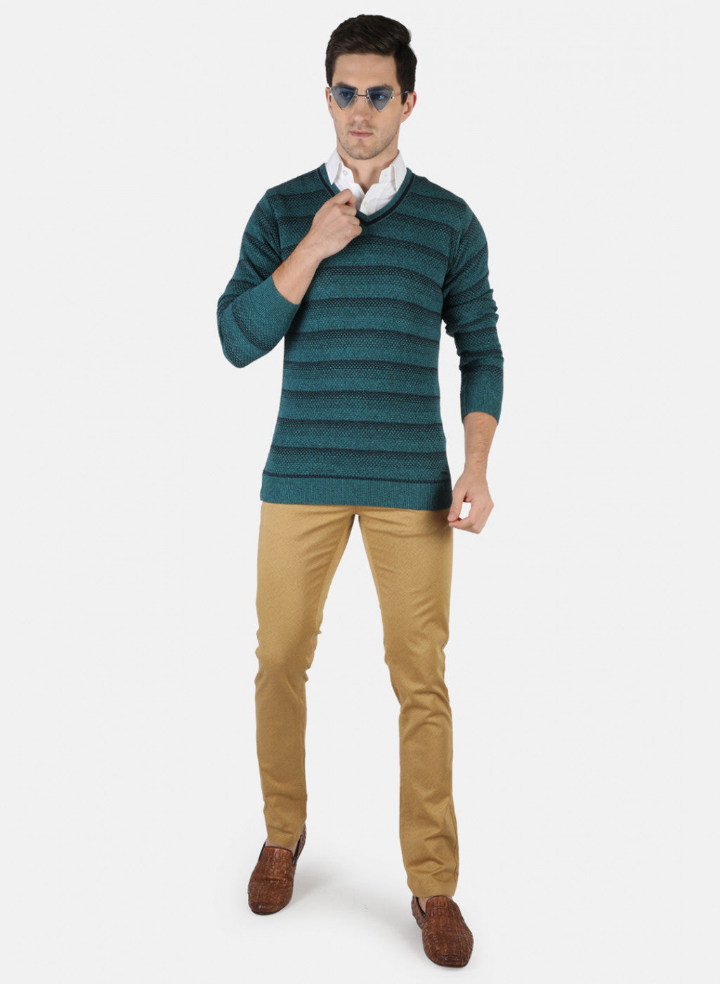 Men Green Self Pullover