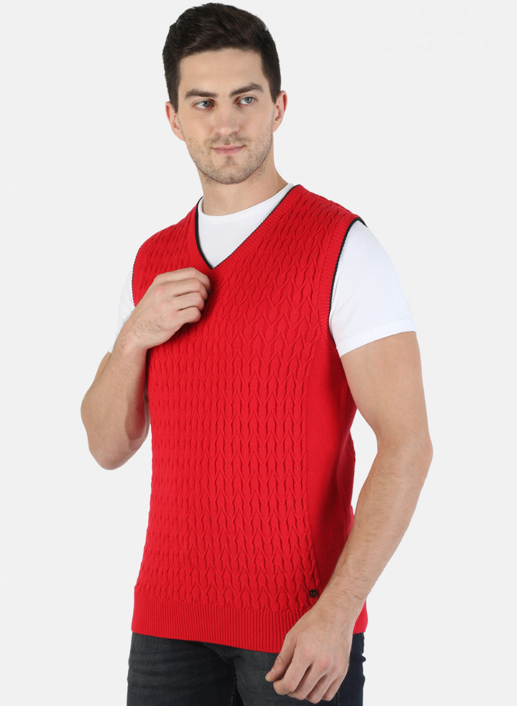 Men Red Self Sweater