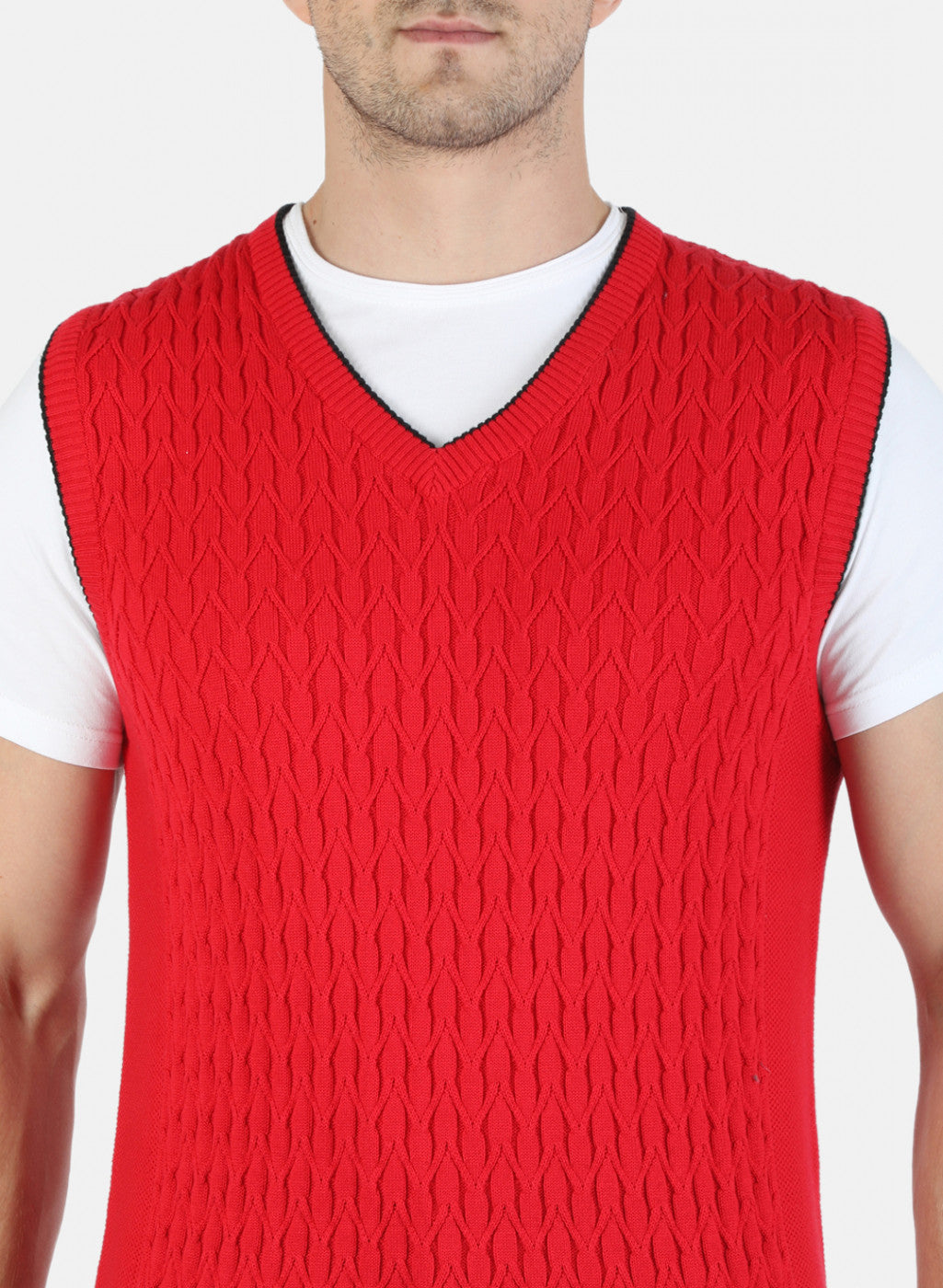 Men Red Self Sweater