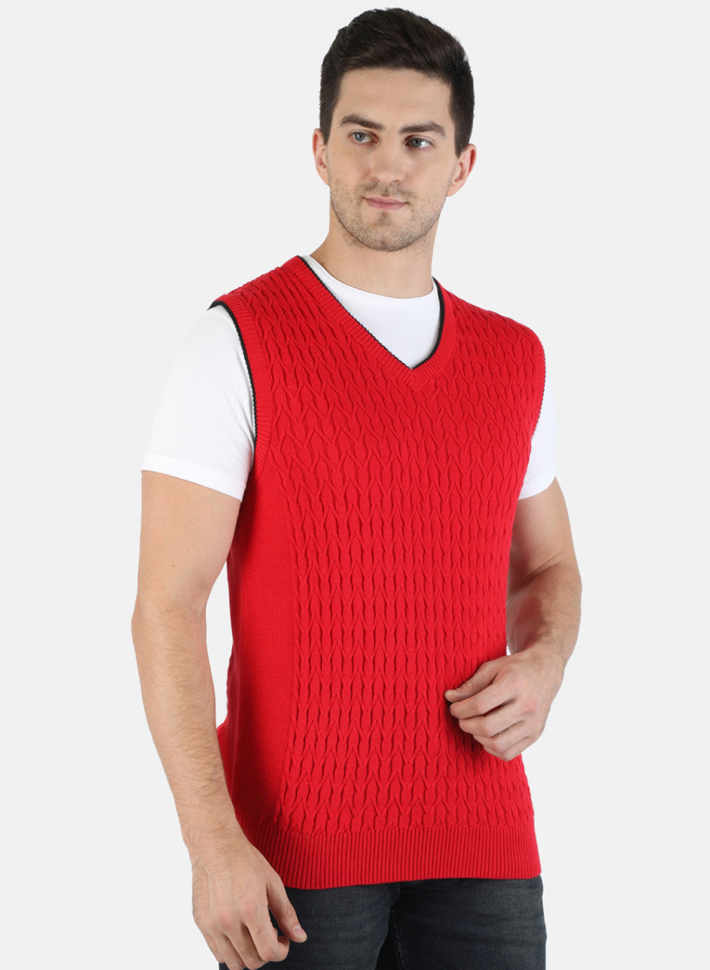 Men Red Self Sweater