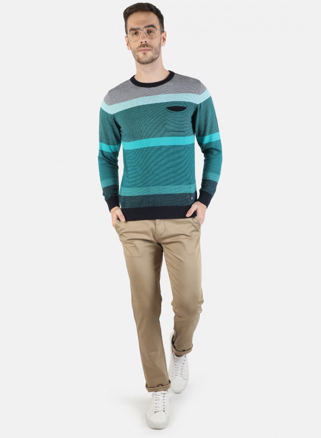 Men Green Self Pullover