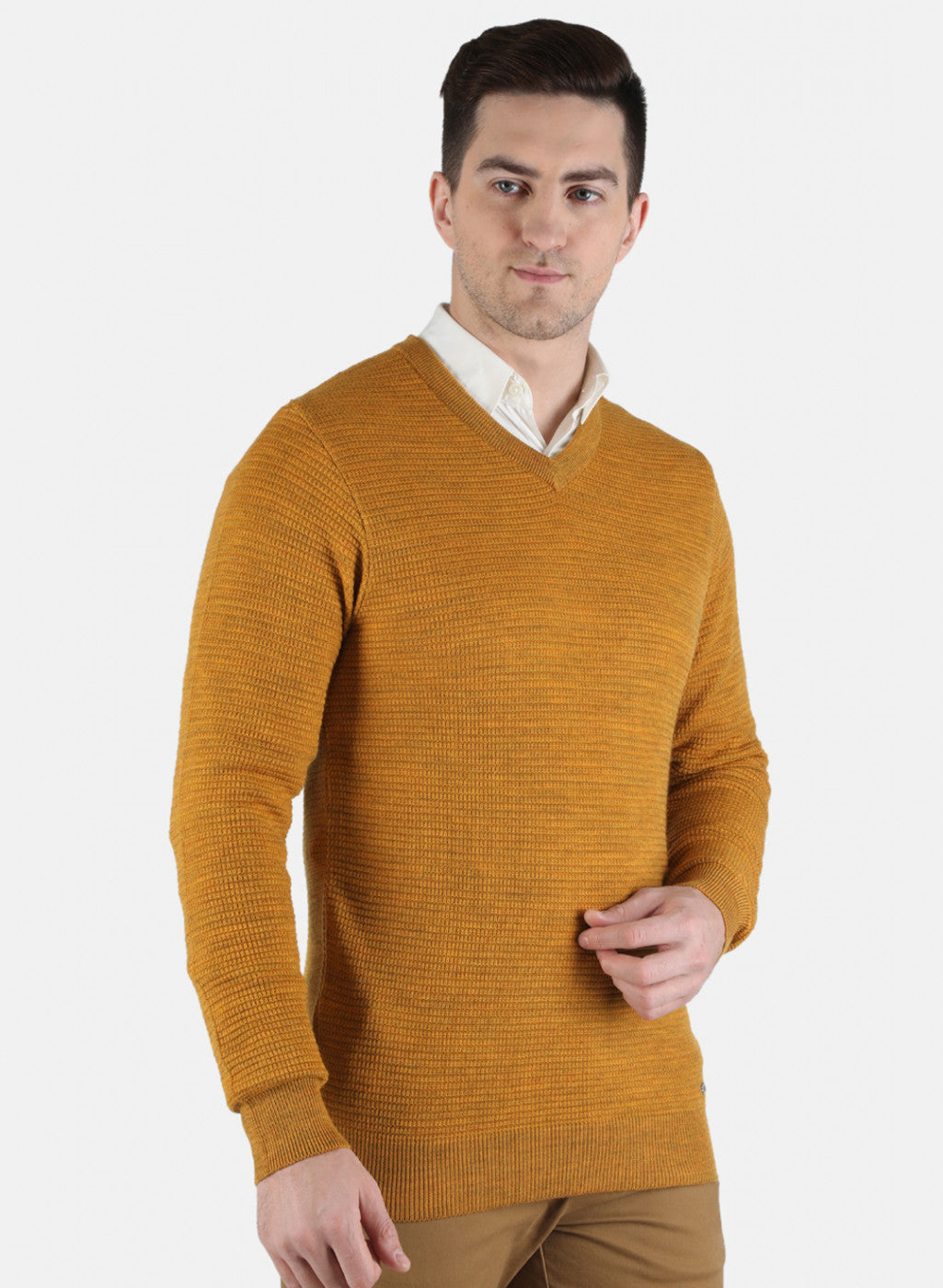 Men Yellow Self Design Pullover