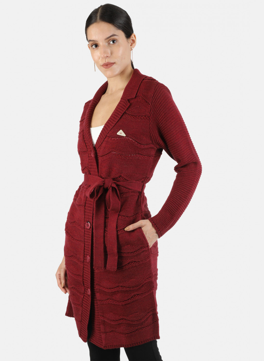 Women Maroon Solid Cardigan