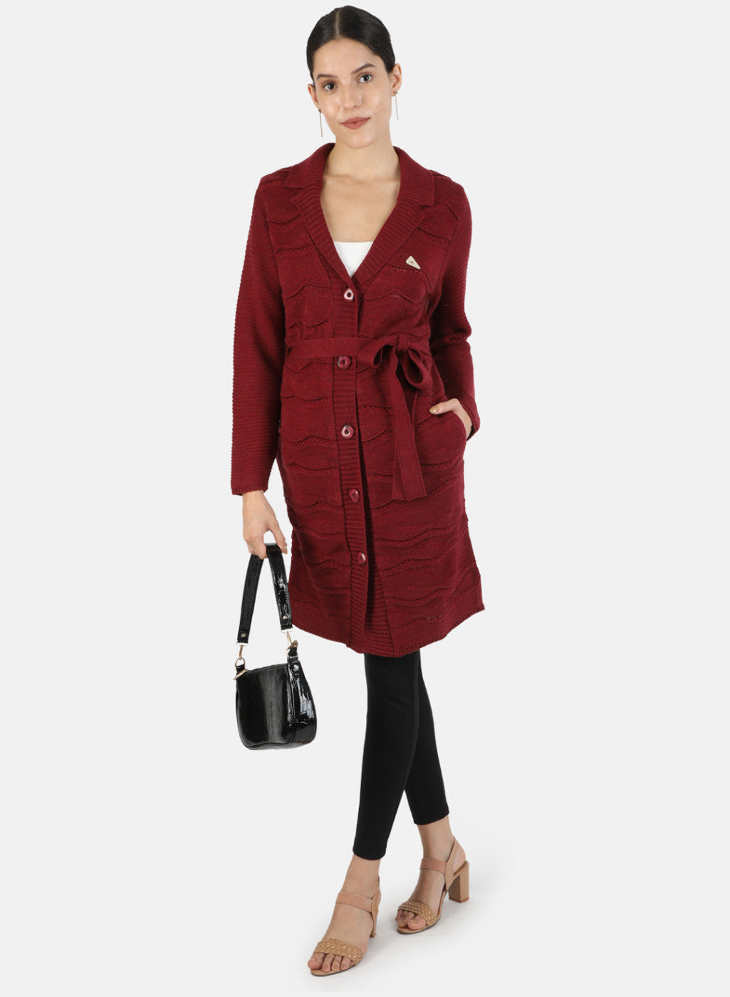 Women Maroon Solid Cardigan