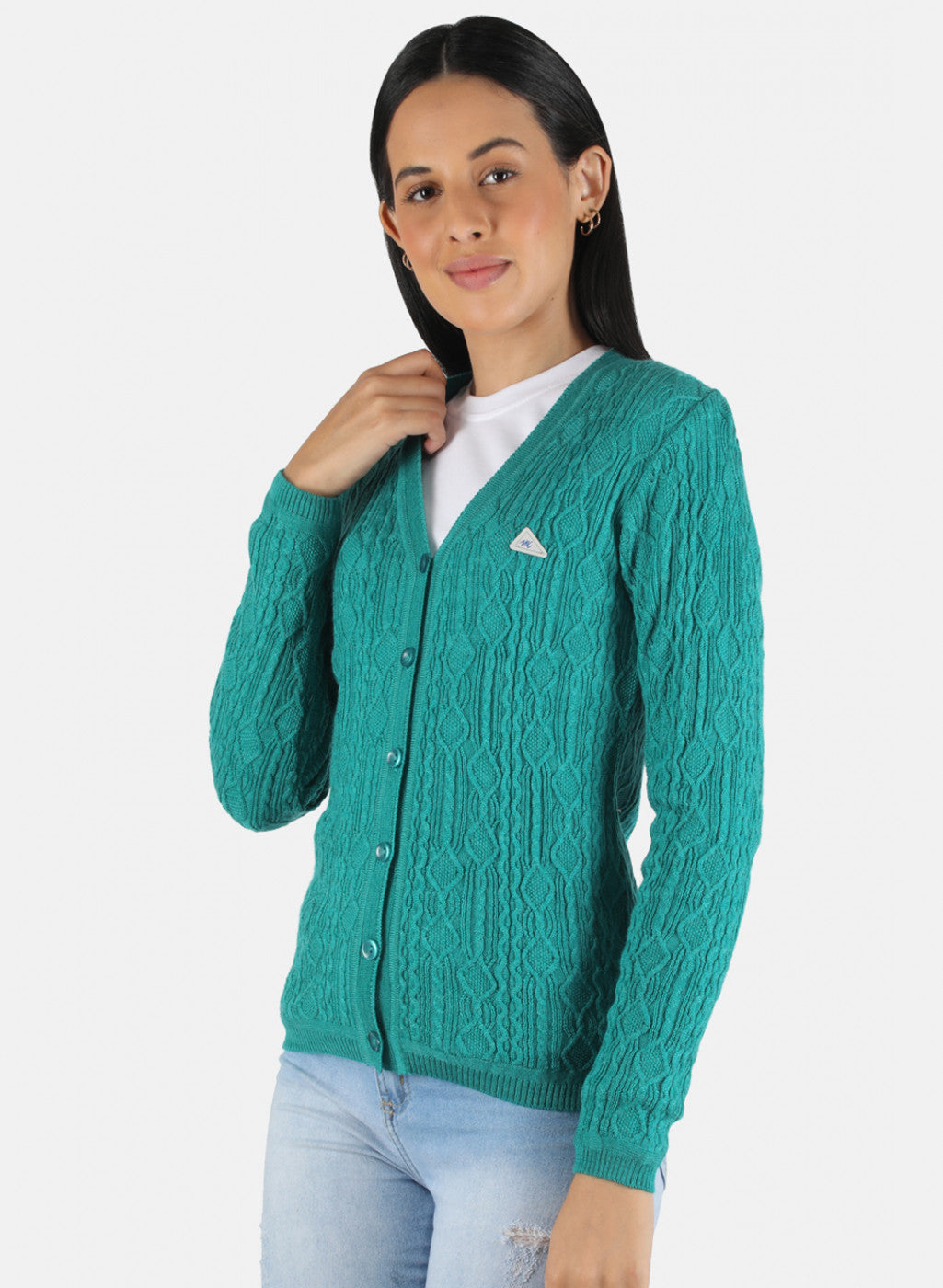 Women Green Self Design Cardigan