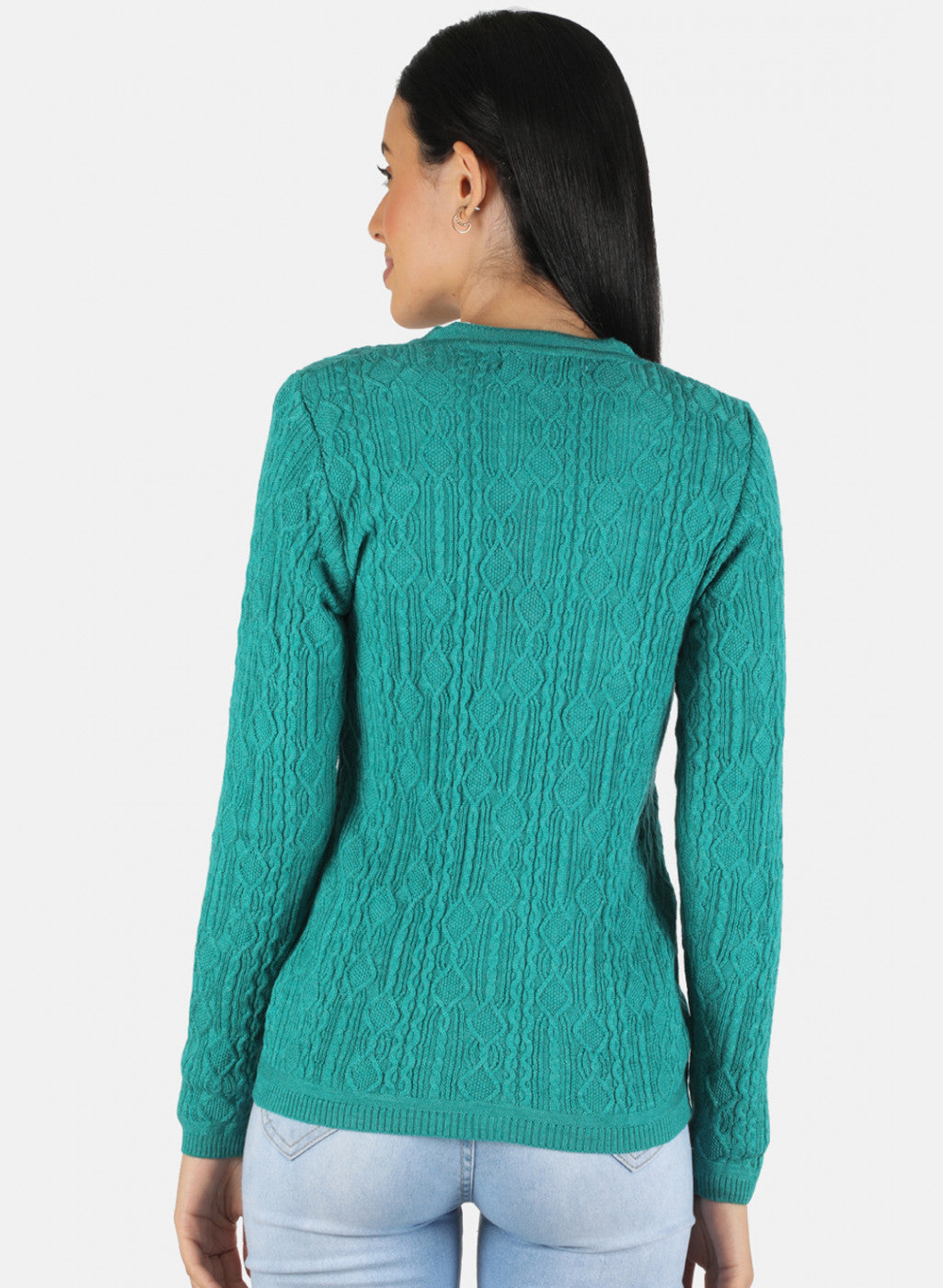 Women Green Self Design Cardigan