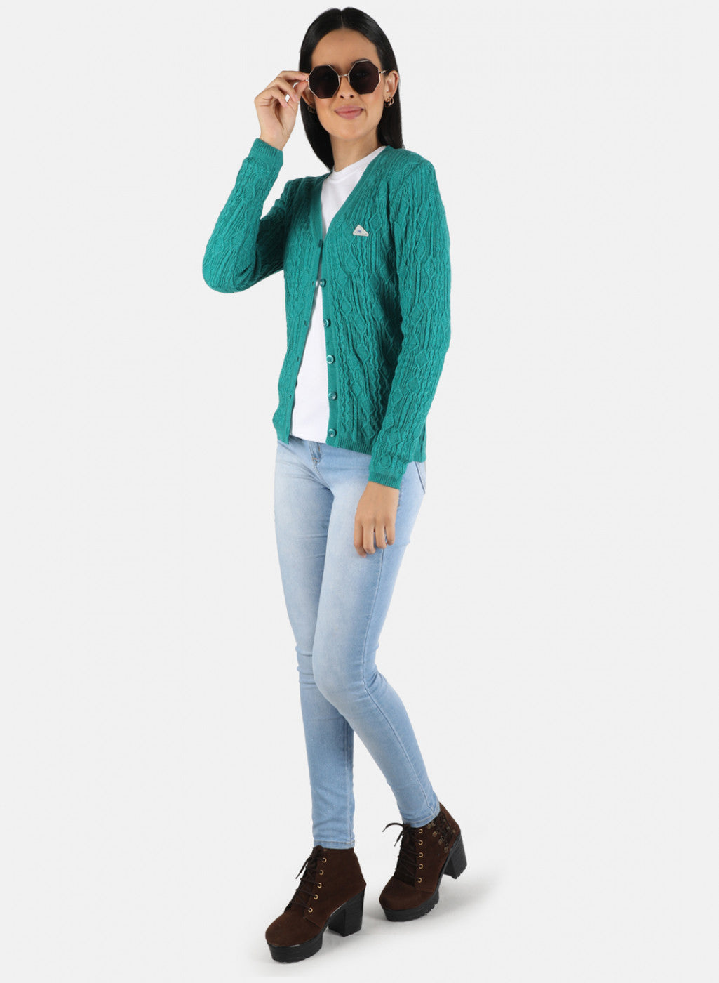 Women Green Self Design Cardigan