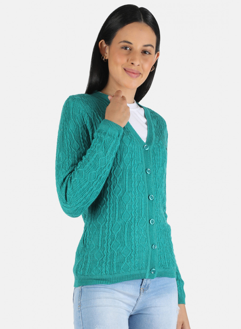 Women Green Self Design Cardigan