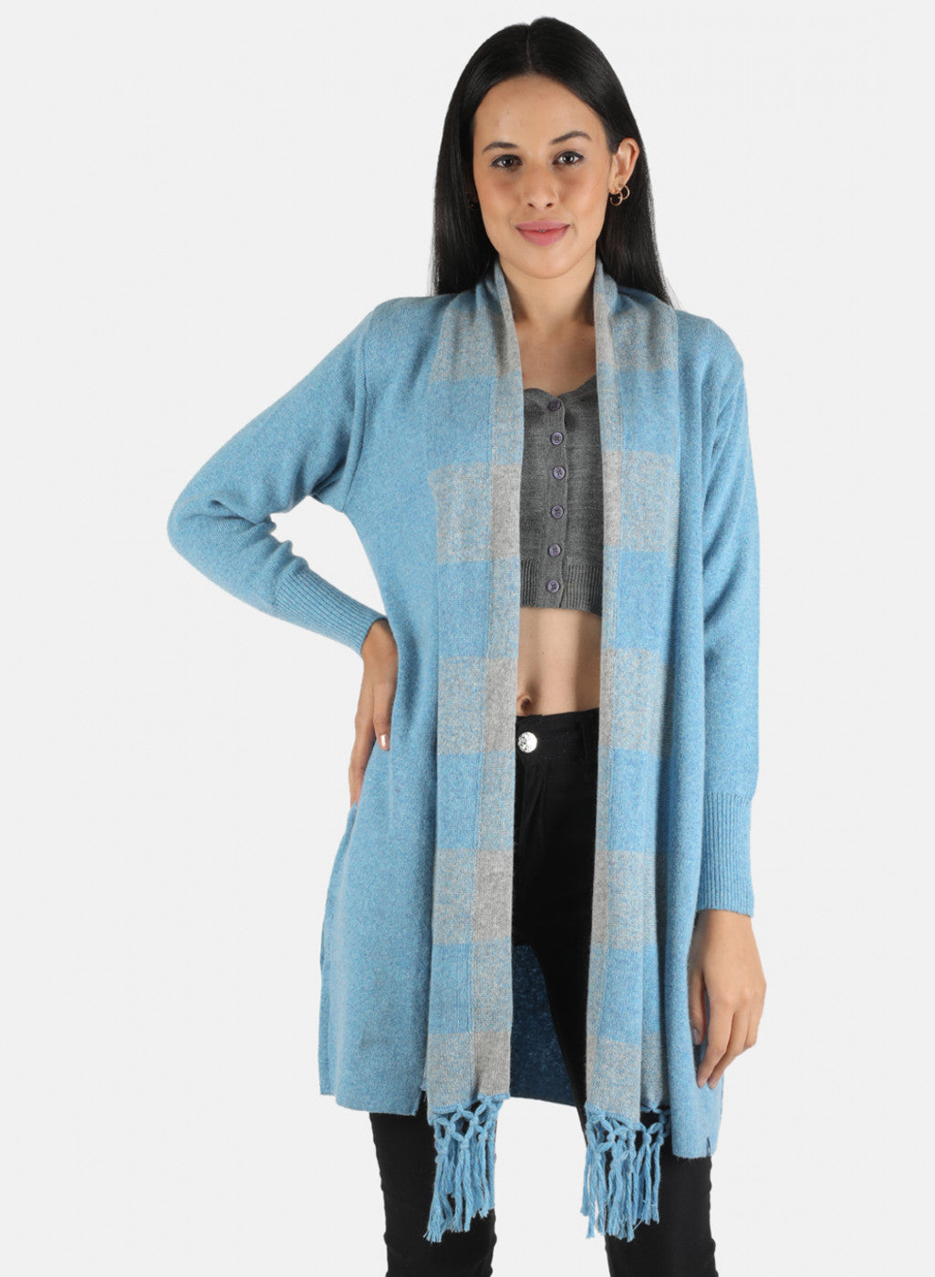 Women Blue Self Design Cardigan
