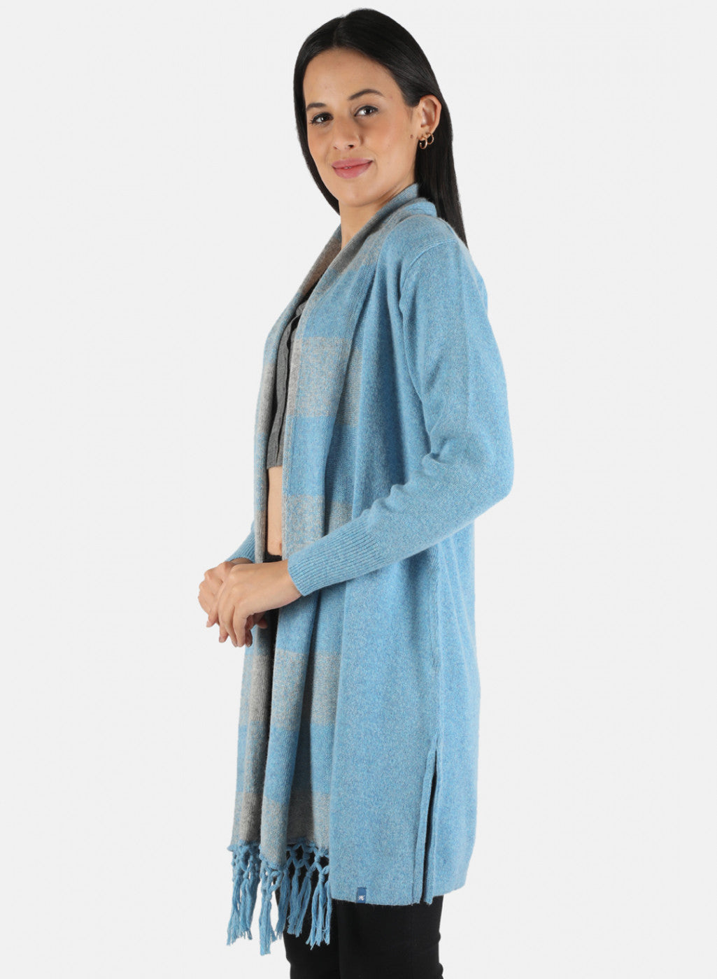 Women Blue Self Design Cardigan