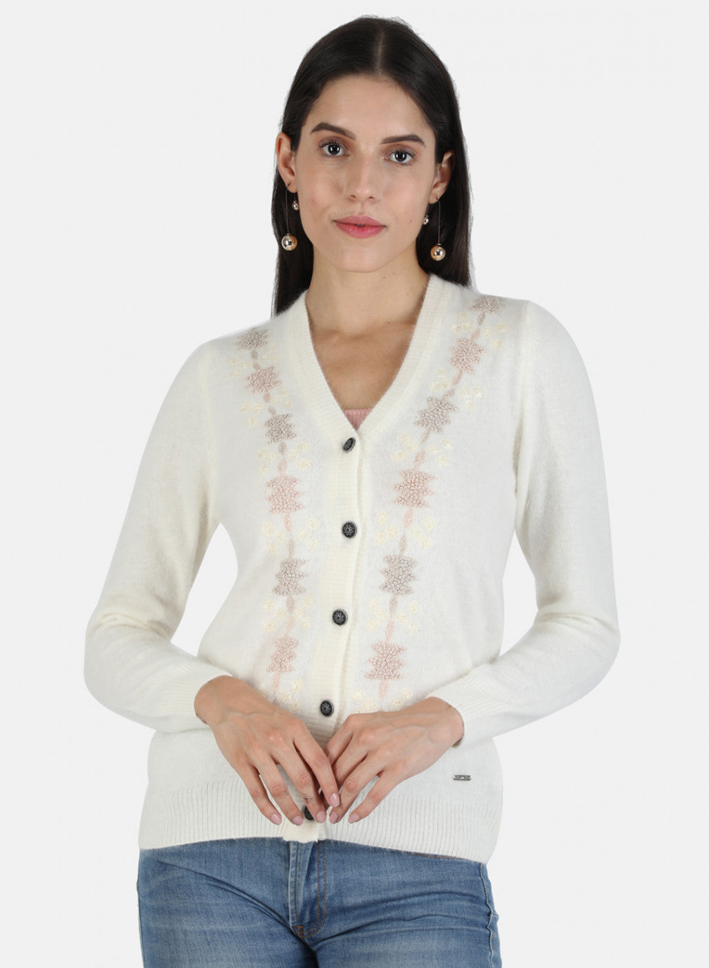 Women Off White Self Cardigan