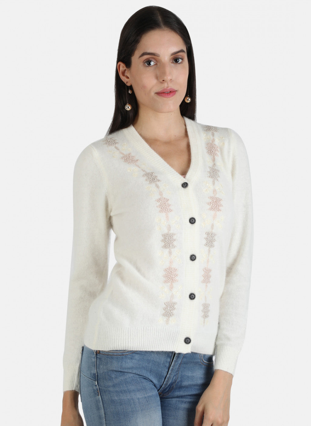 Women Off White Self Cardigan