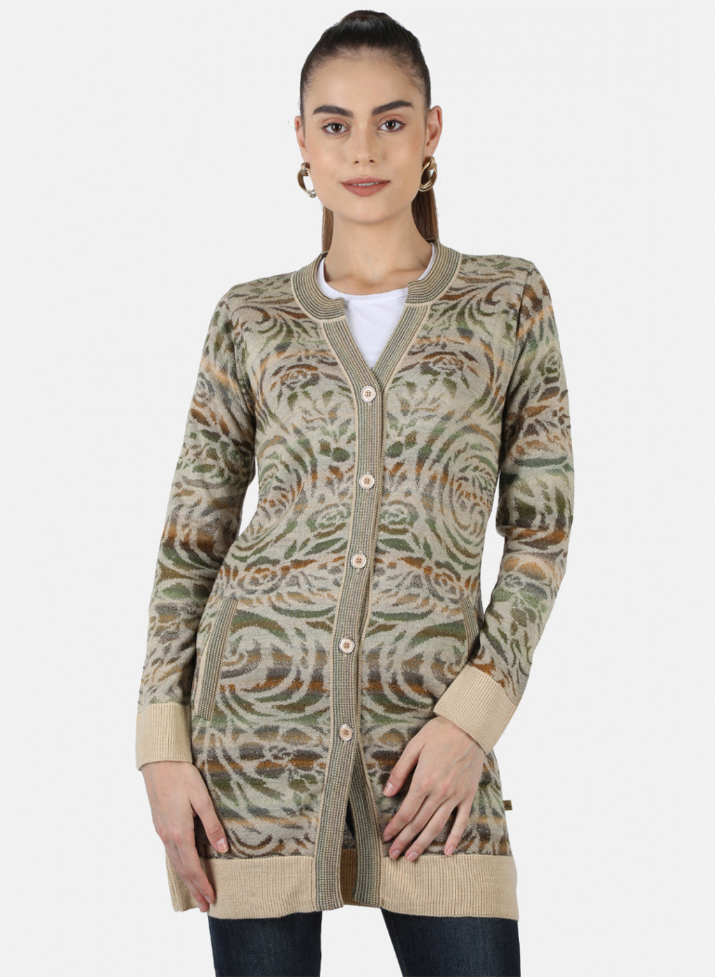 Women Beige Self Cardigan