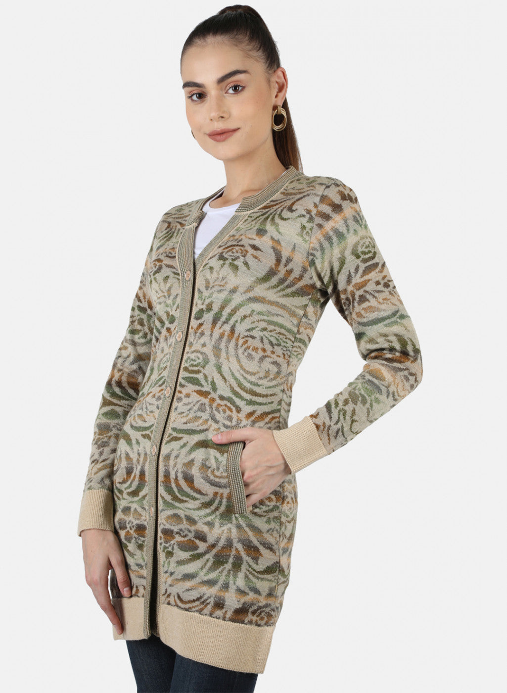 Women Beige Self Cardigan