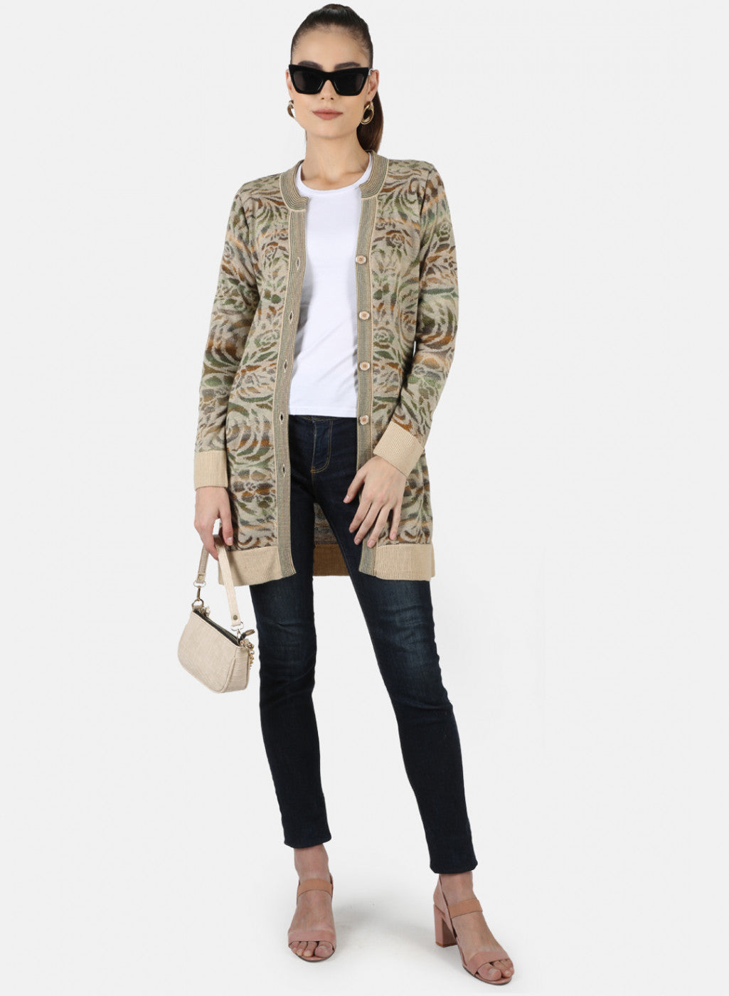 Women Beige Self Cardigan