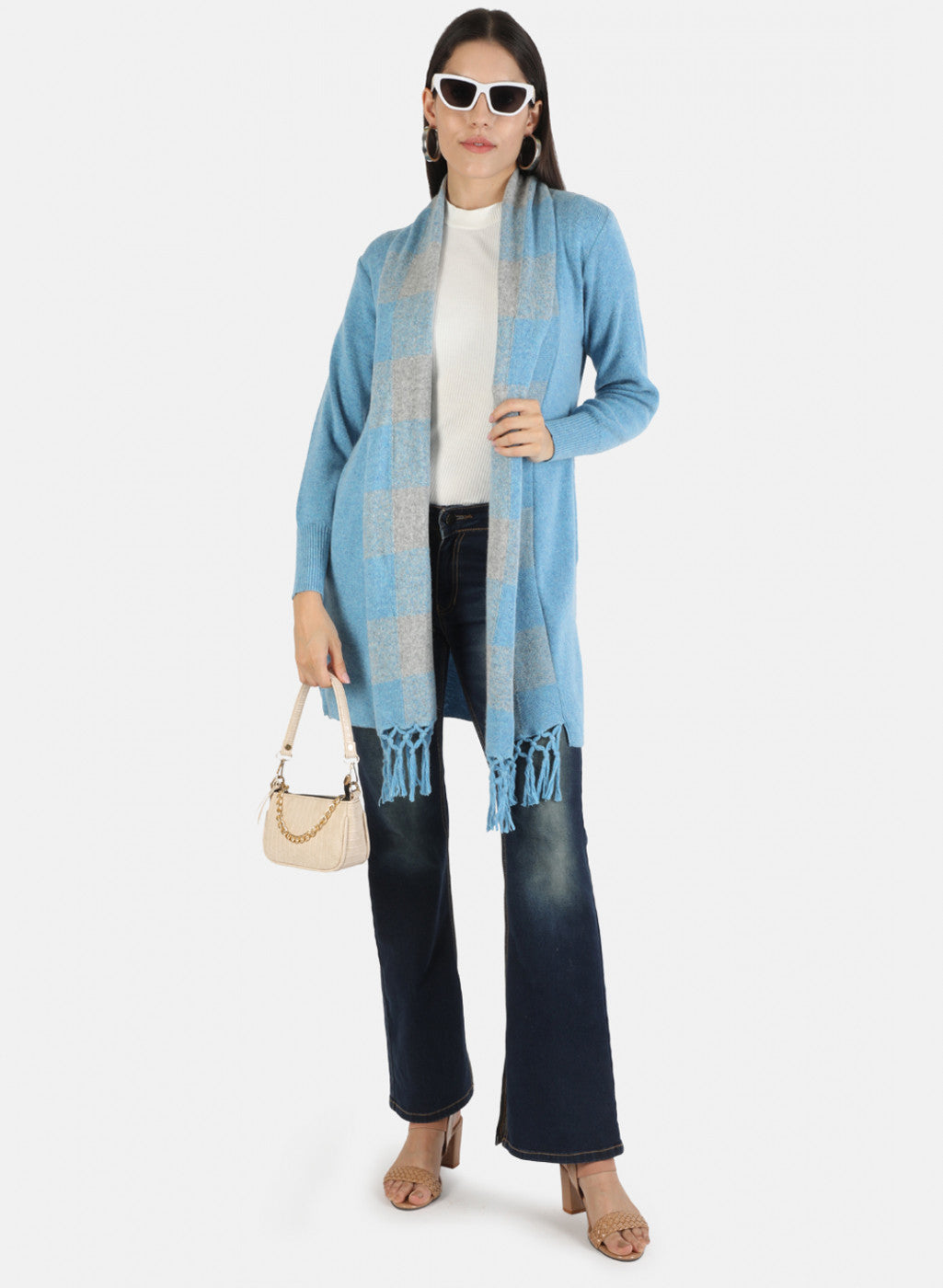 Women Blue Self Cardigan