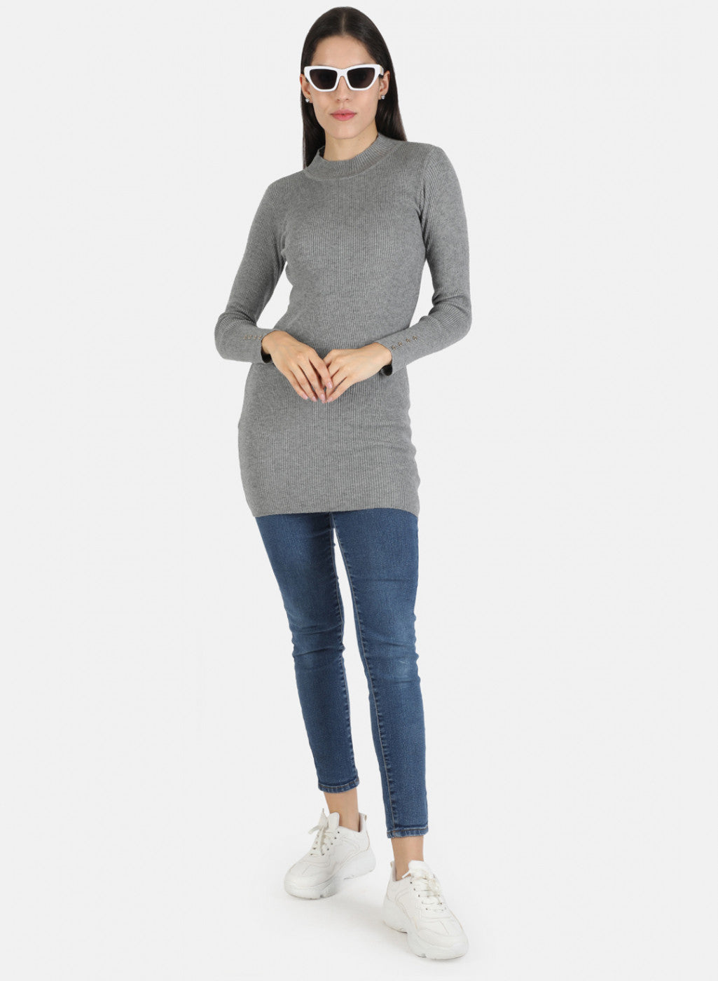 Women Grey Self Long Top