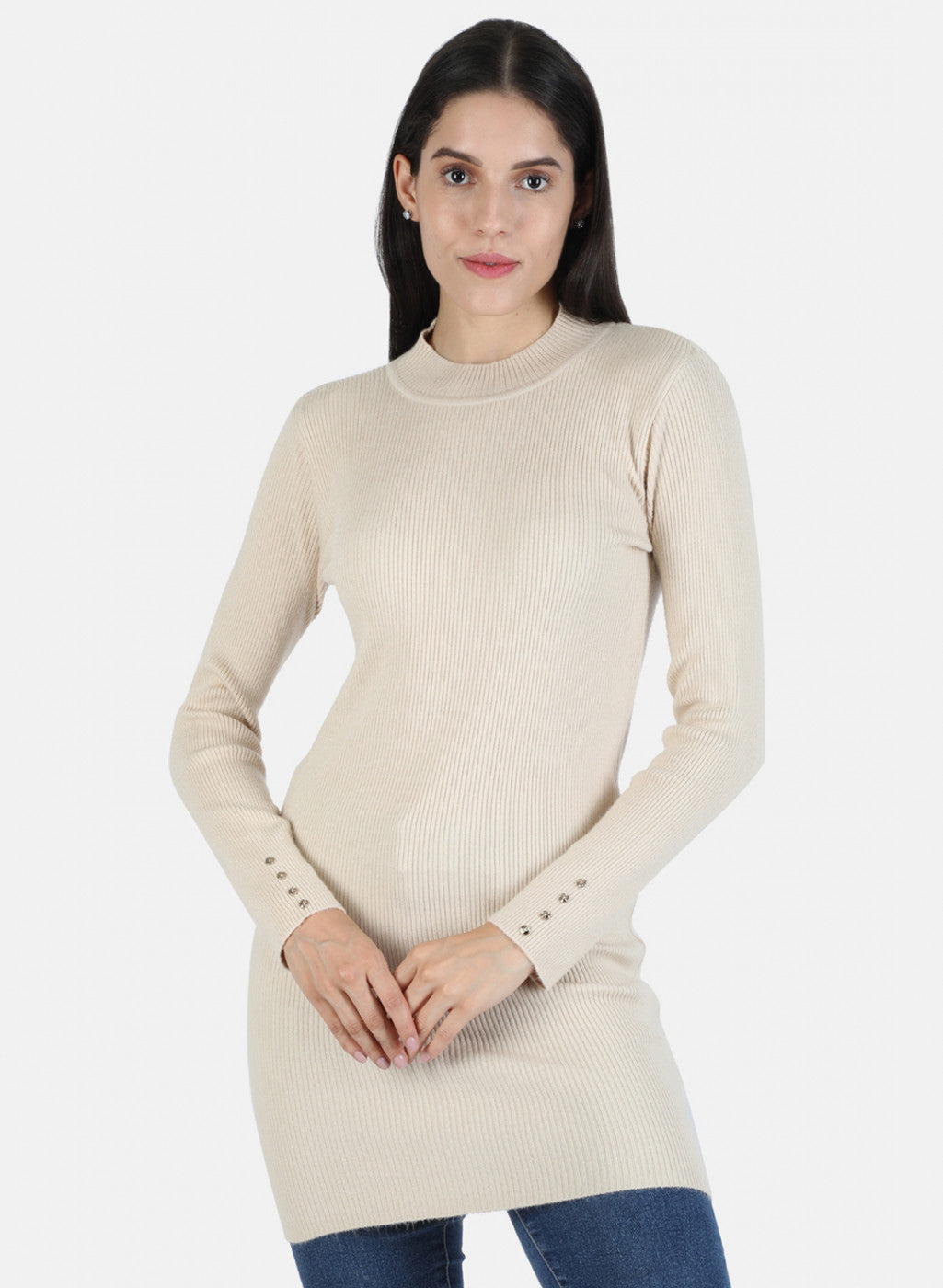 Women Beige Self Long Top