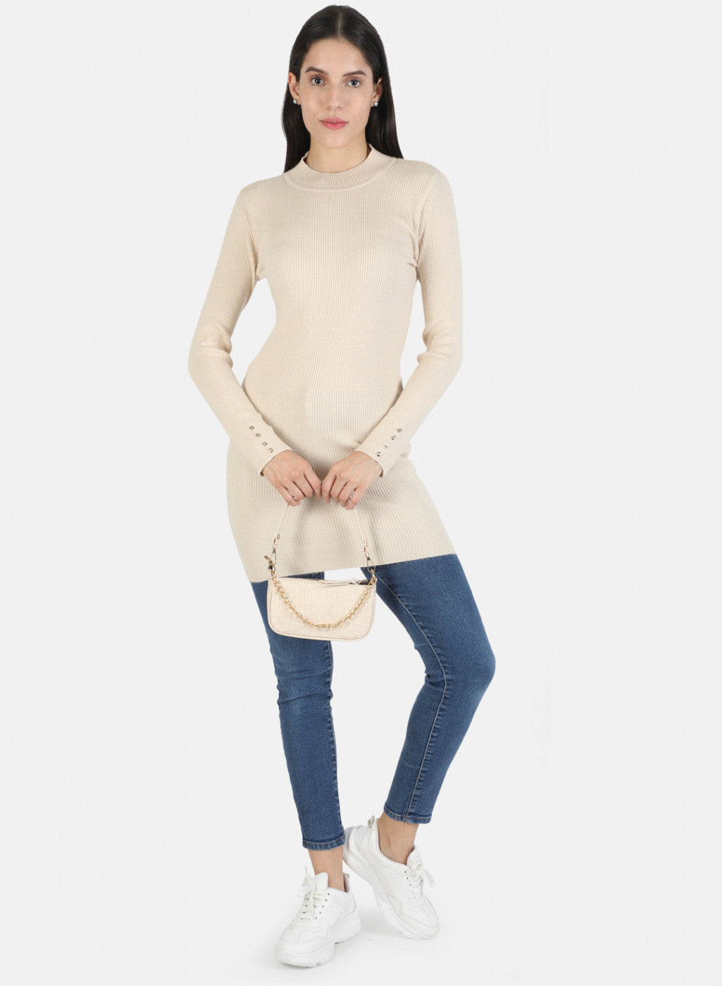 Women Beige Self Long Top