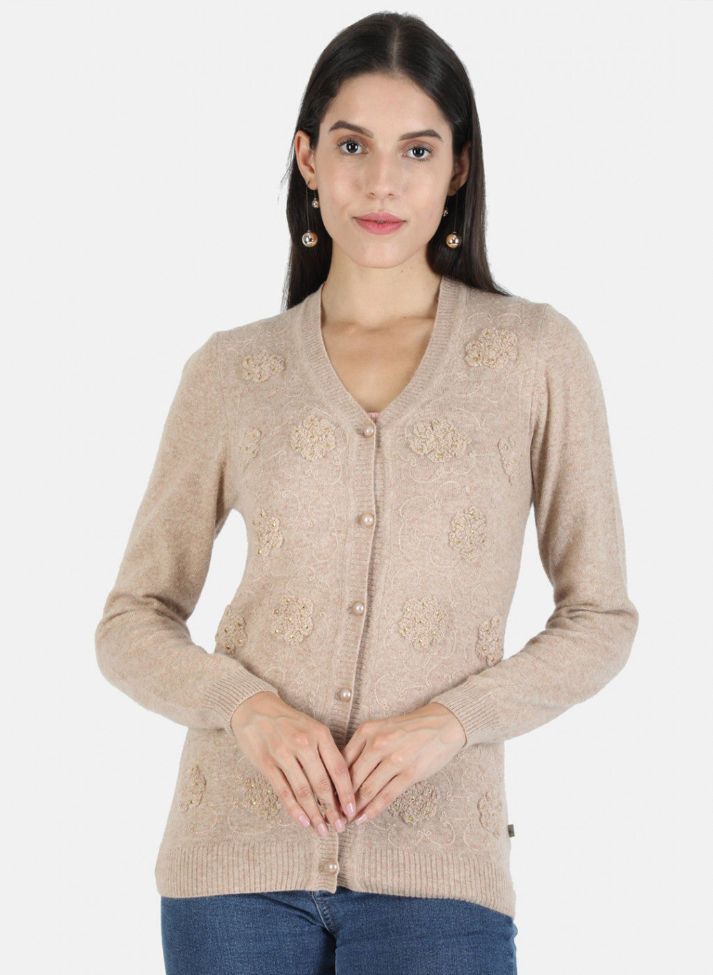Women Beige Self Cardigan