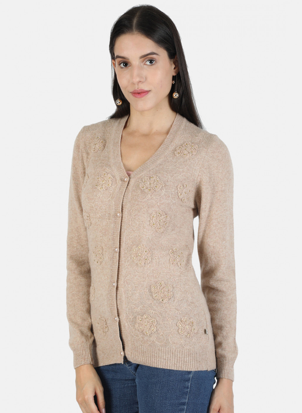 Women Beige Self Cardigan