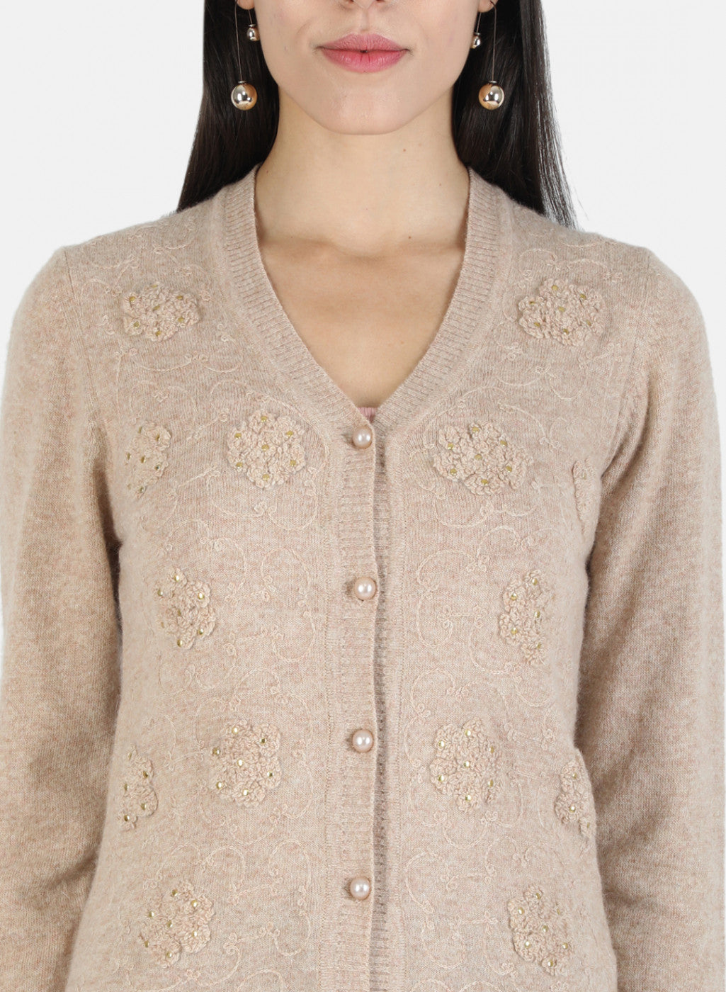 Women Beige Self Cardigan