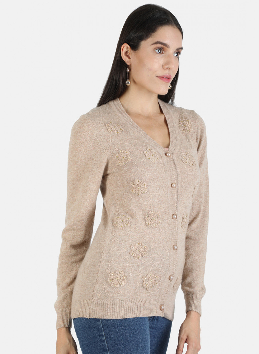 Women Beige Self Cardigan