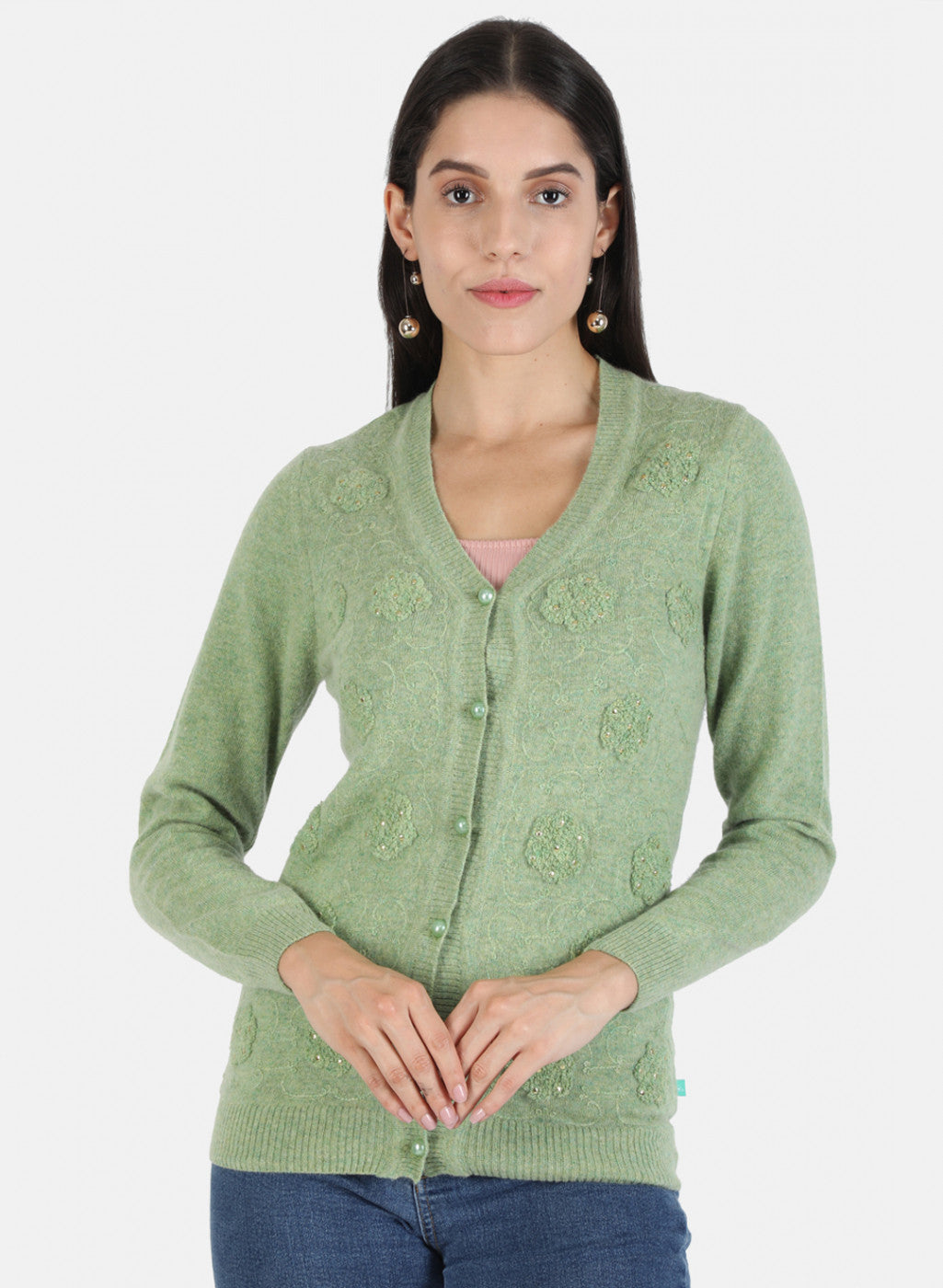 Women Green Self Cardigan