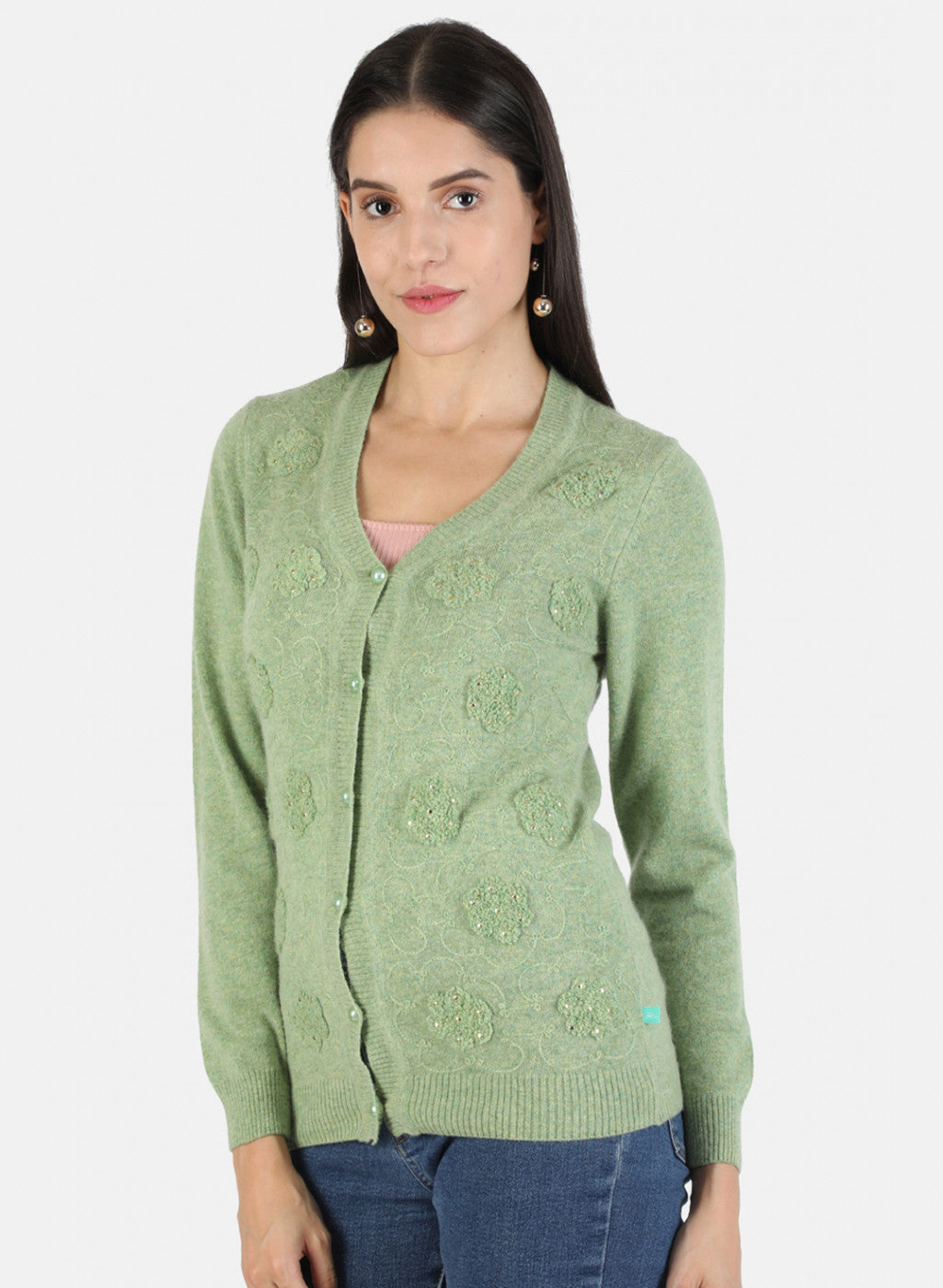 Women Green Self Cardigan