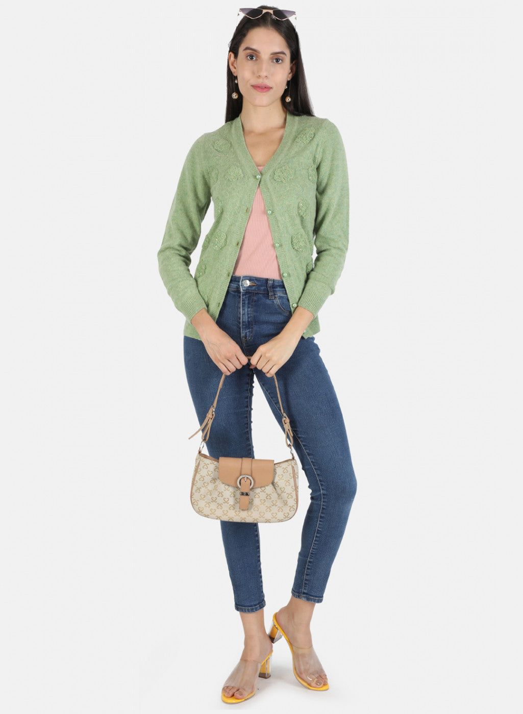 Women Green Self Cardigan