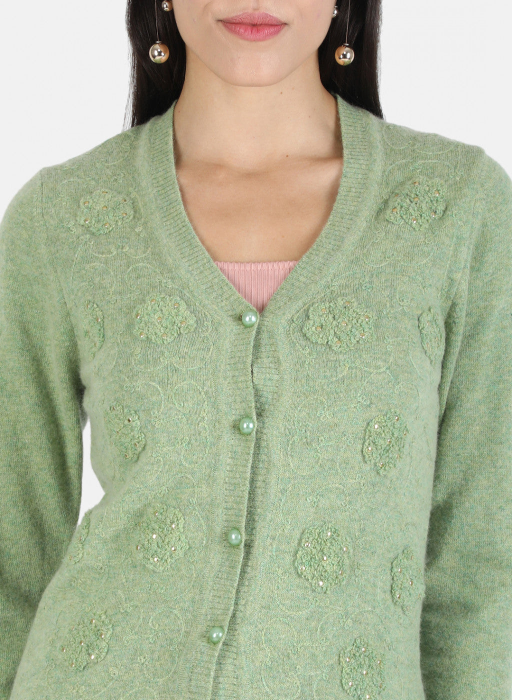Women Green Self Cardigan