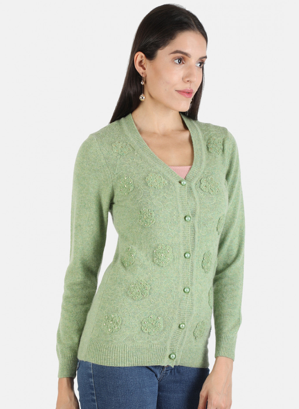 Women Green Self Cardigan
