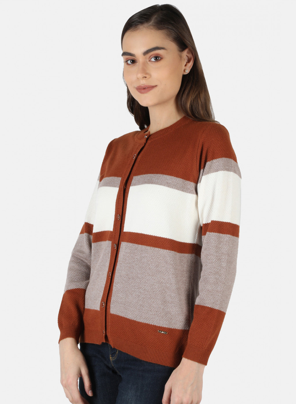 Women Orange Self Design Cardigan