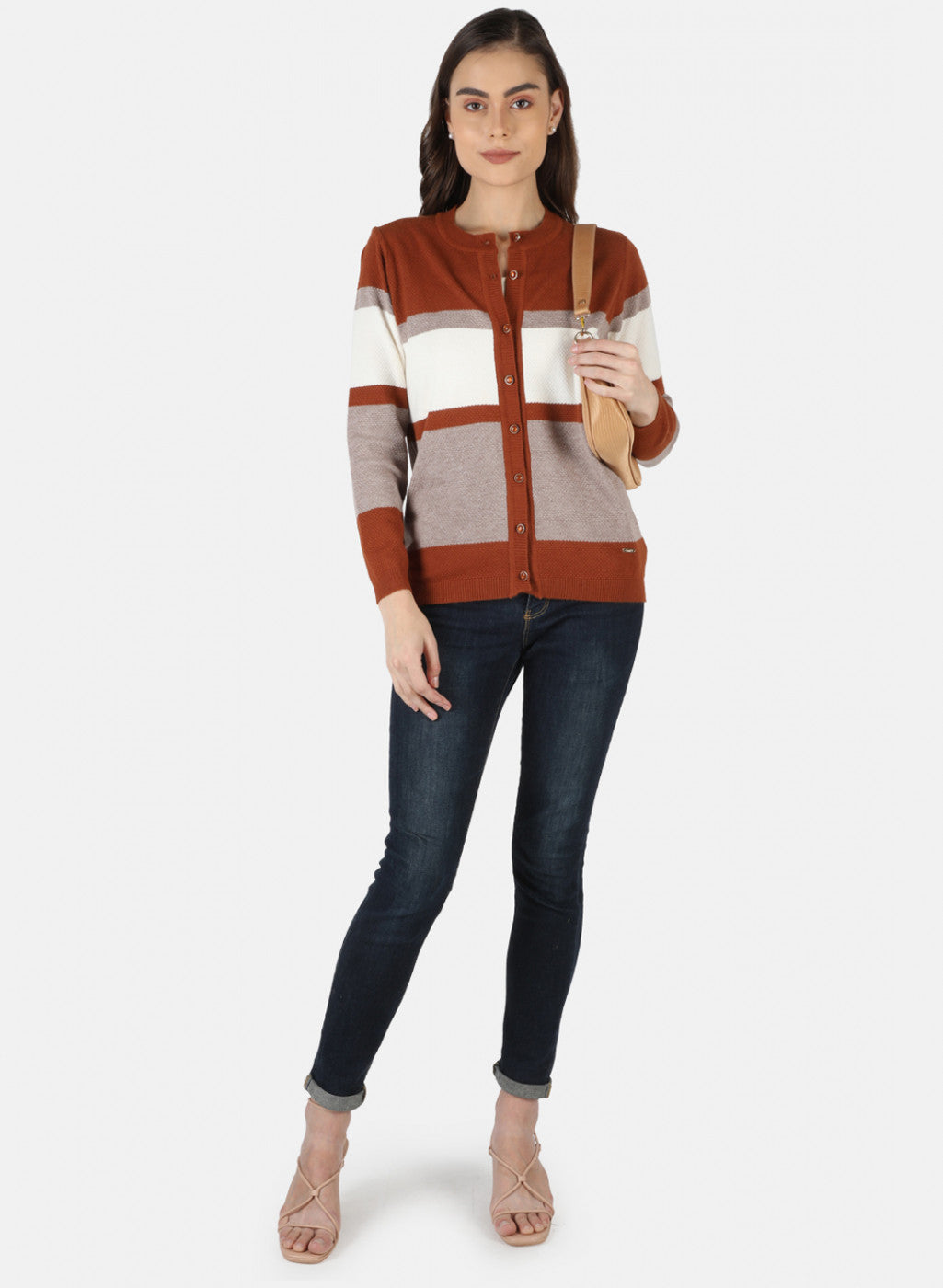 Women Orange Self Design Cardigan