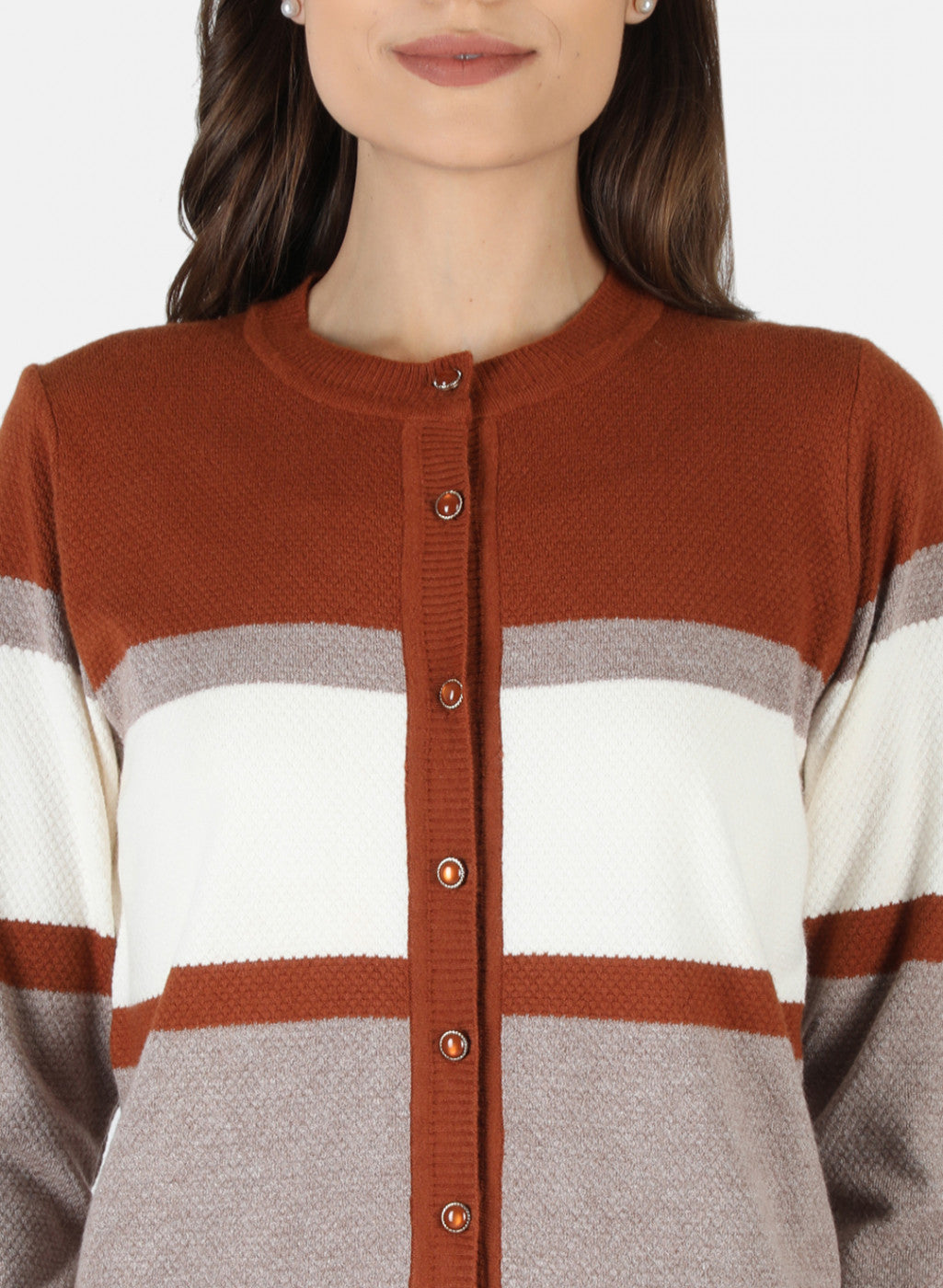 Women Orange Self Design Cardigan