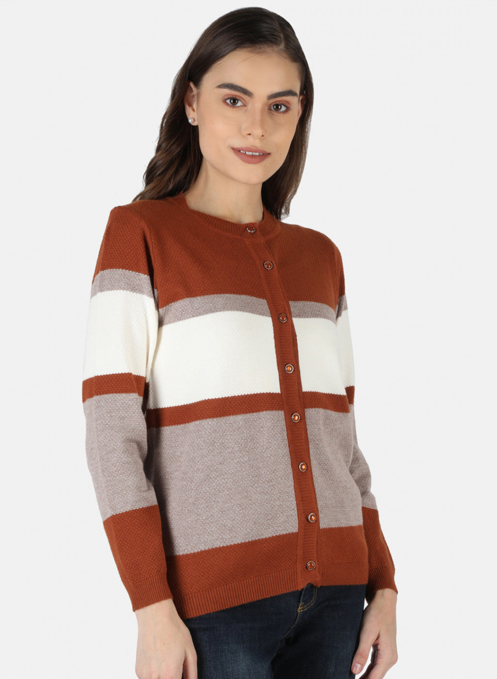 Women Orange Self Design Cardigan
