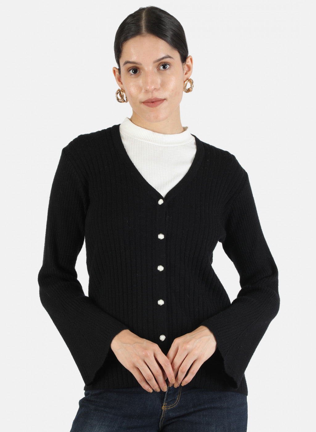 Women Black Self Cardigan