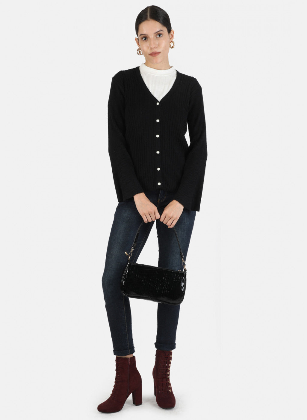 Women Black Self Cardigan