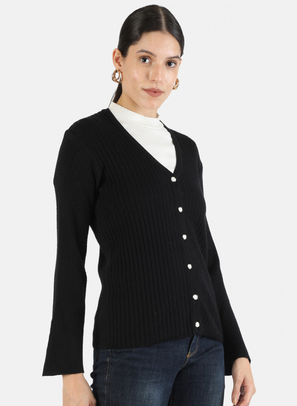 Women Black Self Cardigan