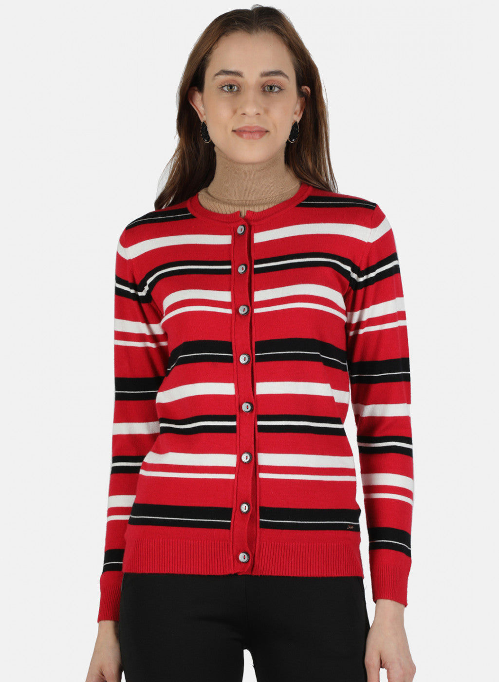 Women Red Self Design Cardigan