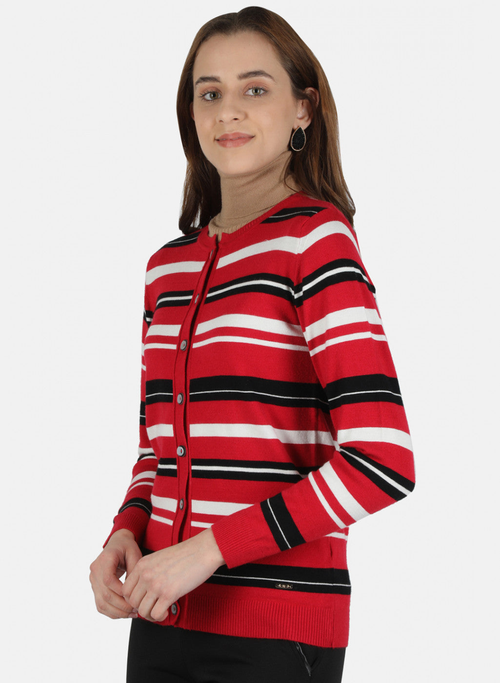 Women Red Self Design Cardigan