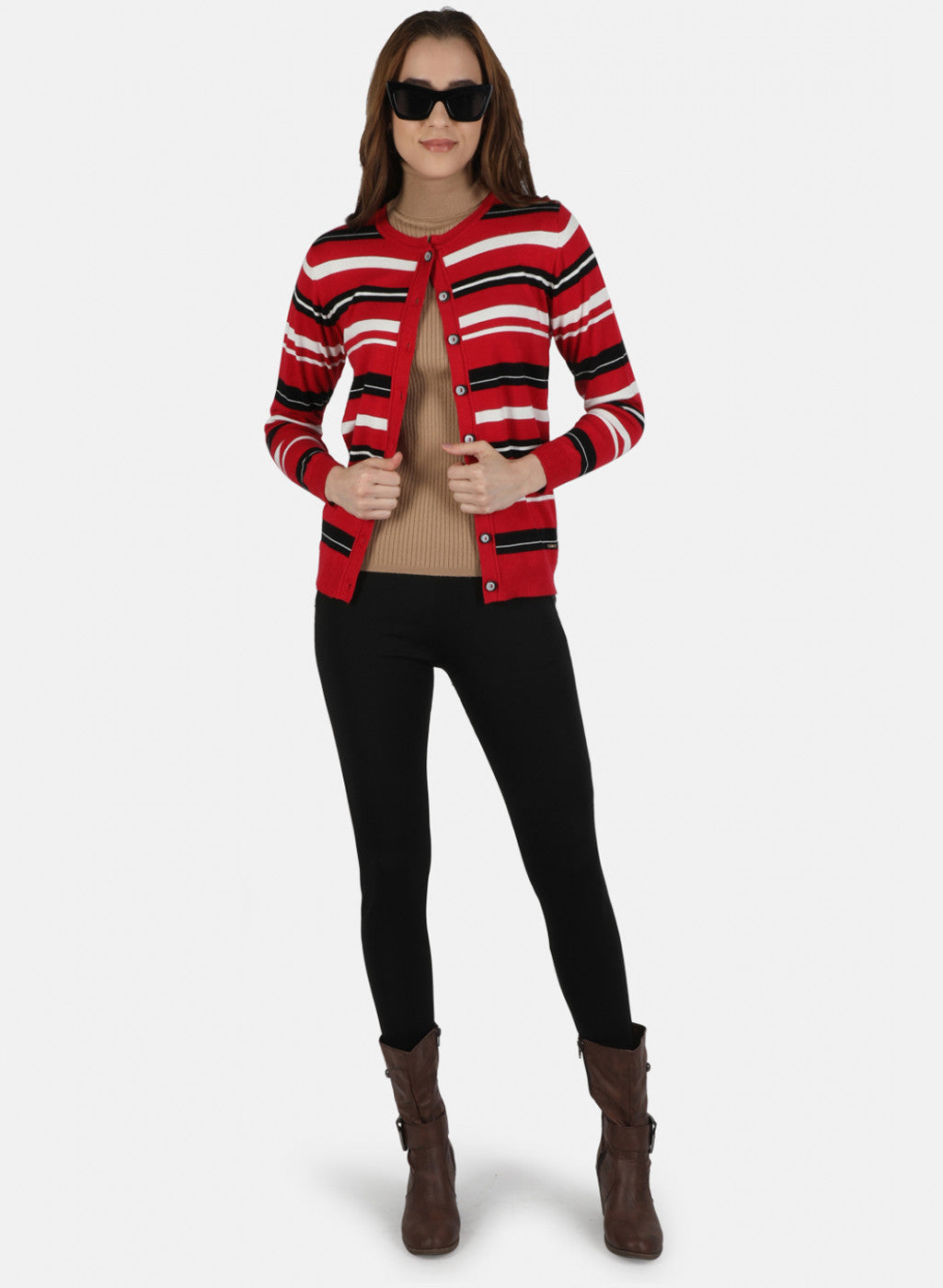 Women Red Self Design Cardigan