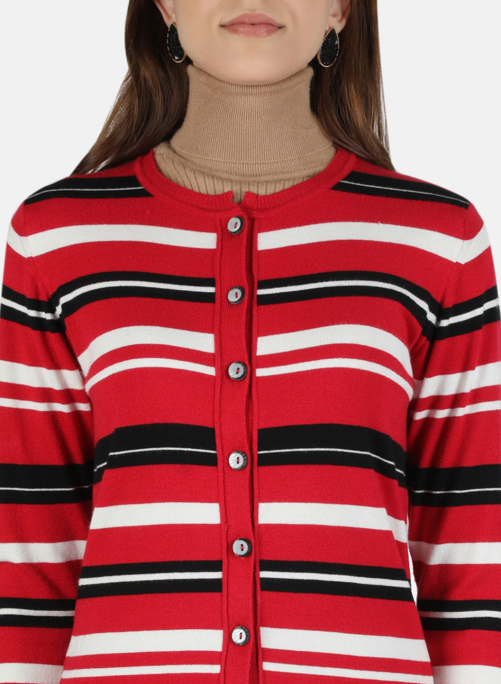 Women Red Self Design Cardigan