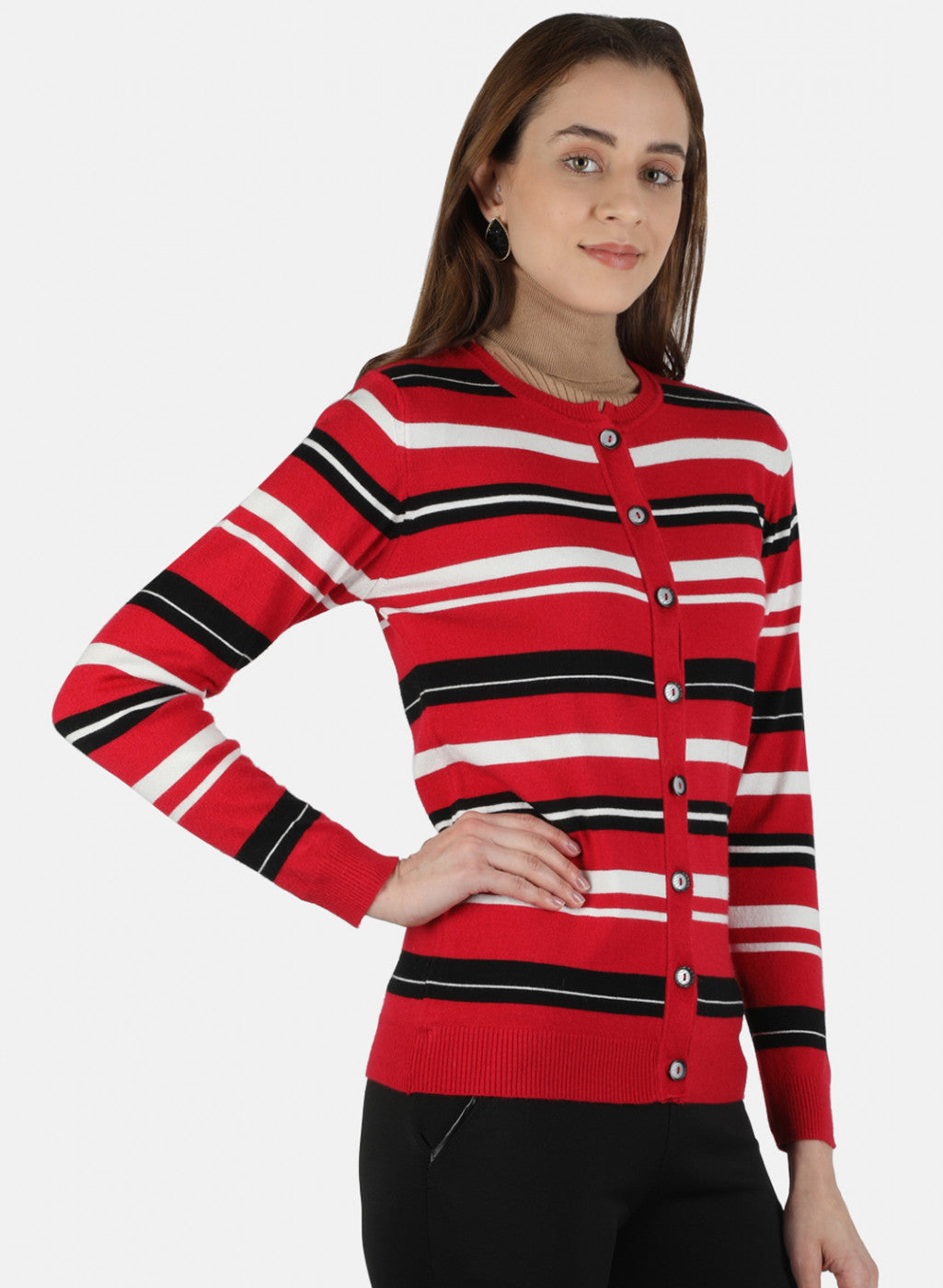 Women Red Self Design Cardigan