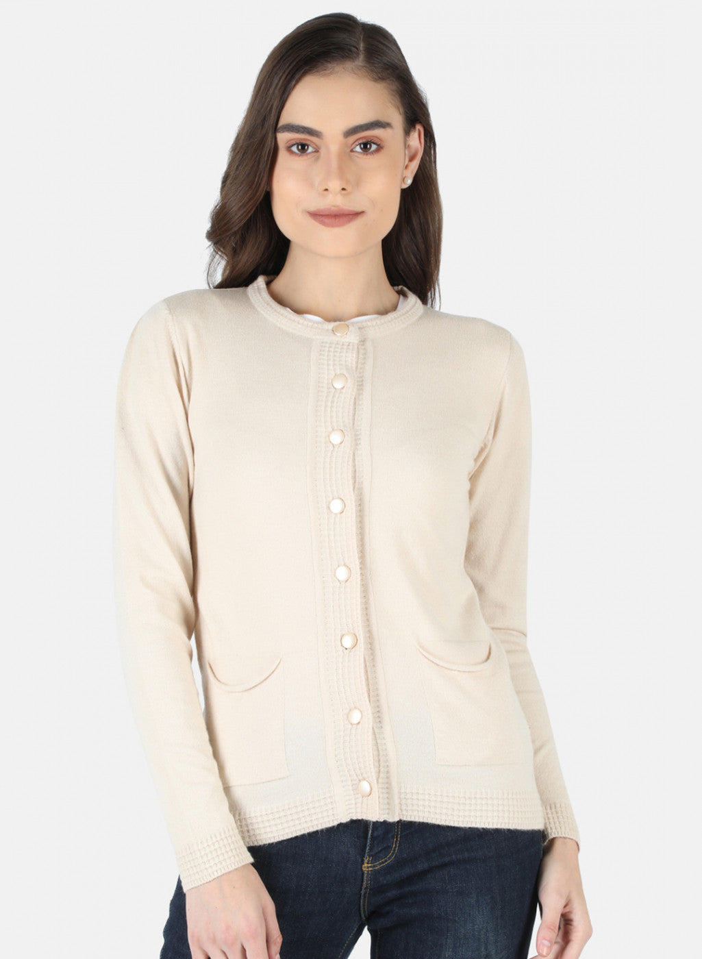 Women Beige Self Design Cardigan