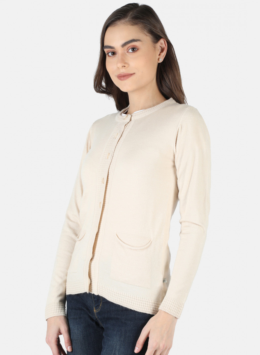 Women Beige Self Design Cardigan