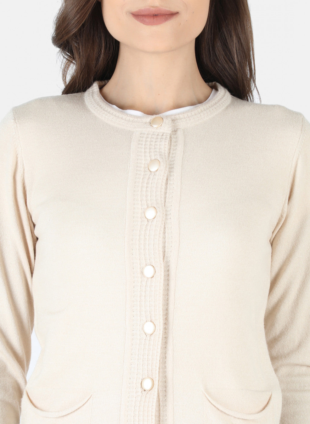 Women Beige Self Design Cardigan